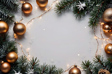 Christmas top view flat lay composition, balls, lights, fir tree branches with blank empty copy space. Festive, magic new year background, winter holiday template for design, bokeh, greeting postcard.