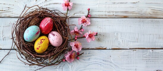 Fototapete - Colorful Easter eggs in a nest with a pink plum flower on a bright white wooden table provide a picturesque copy space image