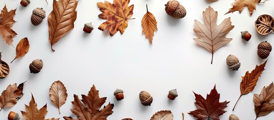 Aufkleber - Brown dried leaves and acorns arranged into an autumn composition on a white background with copy space image for fall Halloween harvest or Thanksgiving themes in a flat lay style from top view