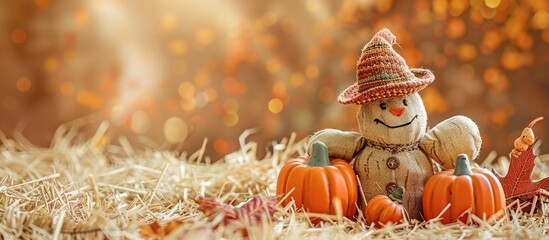 Poster - Autumn themed decoration featuring pumpkins and fabric toy placed on straw background ideal for Fall Thanksgiving or Halloween concepts with copy space image