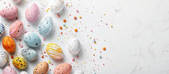 Aufkleber - Colorful handmade Easter eggs displayed on a white background with a border frame corner providing copy space perfect for a festive Easter card image