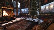 © Muhammad - cozy winter cabin with a virtual fireside chat setup, screens showing participants in warm, inviting settings