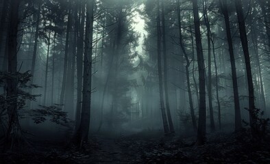 Sticker - A dark, misty forest with tall trees and a mysterious, ethereal atmosphere.