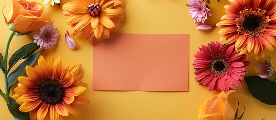 Fototapete - Aerial view of an empty orange card alongside sunflower gerbera and lily flowers on a yellow background with copy space image