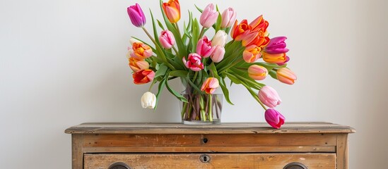 Poster - Colorful tulip flowers arranged in a beautiful bouquet on a wooden chest of drawers by a white wall providing a blank copy space image