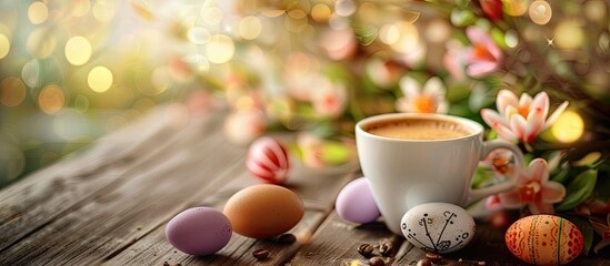 Poster - Coffee cup with Easter eggs in the background creating a festive copy space image