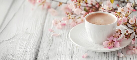 Aufkleber - Coffee filled white cup adorned with pink flowers set on a vintage white wooden backdrop providing ample space for adding text or images