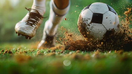 Wall Mural - Close-up side shot of a football boot making contact with a soccer ball, dirt flying, green field background