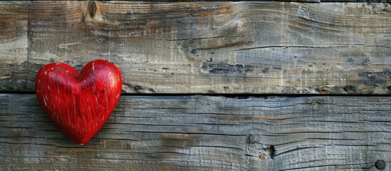 Poster - Flat lay composition featuring a red heart on a wooden background with ample copy space for images