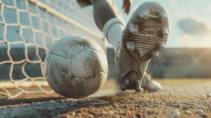 Wall Mural - Side view of a football boot impacting a soccer ball with white goal net visible in the background