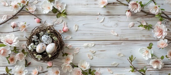 Aufkleber - A charming Easter themed backdrop with blooming flowers and a nest filled with eggs set against white wooden boards ideal for showcasing in a copy space image