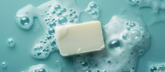 Aufkleber - Top view of a bar of white soap surrounded by bubbles on a soft blue surface with room for text or images. Creative banner. Copyspace image