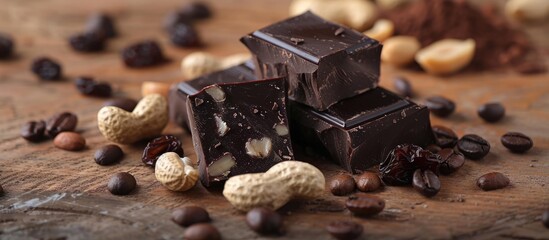 Wall Mural - Close up shot of dark chocolate cubes coffee beans peanuts and raisins on a wooden table with selective focus ideal for copy space image