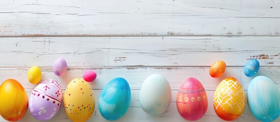 Fototapete - Colored Easter eggs on white wood background with space for text or image. Creative banner. Copyspace image