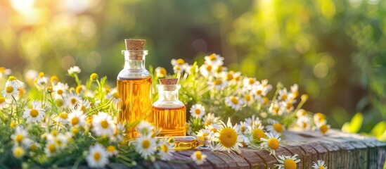 Sticker - Bottles of medicinal herbs highlight chamomile oil extract with a selective focus on nature in a copy space image