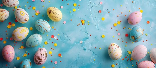 Fototapete - Top down view frame with Easter eggs on a vibrant blue background creating a flat lay composition with ample copy space image