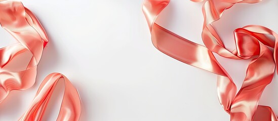 Fototapete - Coral silk ribbon shines on a white background in a festive themed flat lay with copy space image