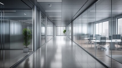 A sleek, modern office corridor featuring glass walls, minimalistic design, potted plants, and workstations, depicting a contemporary corporate environment.