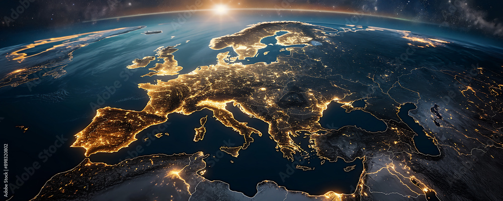 Map of the Europe continent with glowing lights in yellow and orange ...