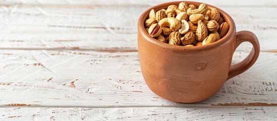 Canvas Print - A clay cup filled with peanuts rests on a white wooden table with available space for additional imagery