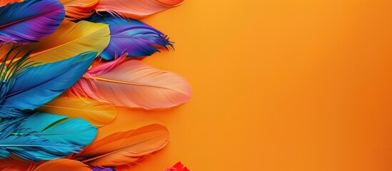 Fototapete - Colorful feathers displayed on a vibrant orange backdrop create an eye catching poster for the carnival with copy space image