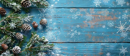 Fototapete - Blue wooden texture with fir branches cones and snow for winter Christmas vibe suitable for copy space image