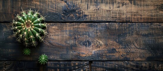 Poster - A cactus on a background of dark wood with ample copy space image available