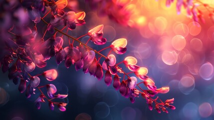 Wall Mural -  A tight shot of a pink bloom on a branch against a backdrop of softly blurred lights Background features a hazy bokeh of illumination