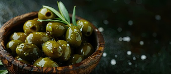 Aufkleber - A dark background beautifully showcases a wooden bowl of green olives drizzled with olive oil and sprinkled with salt perfect for copy space image