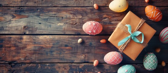 Aufkleber - Colorful Easter eggs and a gift box displayed on a wooden background with ample copy space image