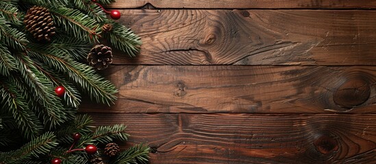 Poster - Christmas greeting card with fir branch decorations and fir tree on a wooden background providing ample copy space for customization