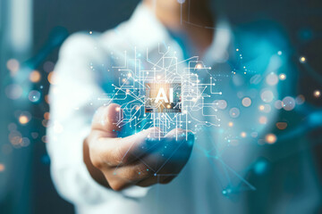 Wall Mural - businessman holding glowing ai hologram with circuit like patterns. concept of advanced technology a