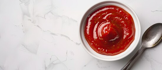 Aufkleber - Top down view of a bowl and spoon containing organic ketchup on a white table offering copy space for text alongside the tomato sauce image