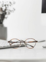 Aufkleber - Round eyeglasses in light brown with thin metal frames sit on a pristine white desk, adding a minimalist touch to the room with a blurred plant in the background. Generative AI