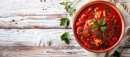 Aufkleber - Top view of a bowl of delicious Ukrainian banosh on a light wooden table allowing for text in copy space image