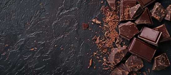 Leinwandbilder - Dark chocolate chunks and cocoa sprinkle on a black kitchen surface with copy space image