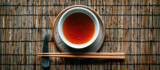 Sticker - Top down view of a bowl with sauce chopsticks and a knife on a table mat with copy space image