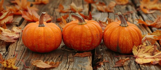 Aufkleber - Autumn themed composition with three pumpkins numerous dry leaves on a rustic wooden backdrop ideal for fall concepts featuring selective focus and room for text a perfect copy space image