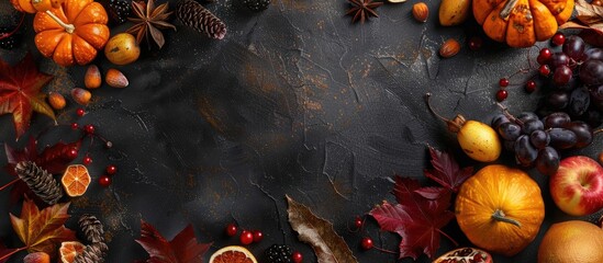 Fototapete - Autumn themed still life with seasonal ingredients beautifully arranged in a frame creating a captivating image with copy space