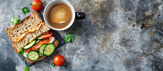 Poster - Breakfast featuring coffee sandwiches with cream cheese cucumber and tomato a classic morning meal with a traditional touch with room for copy space image