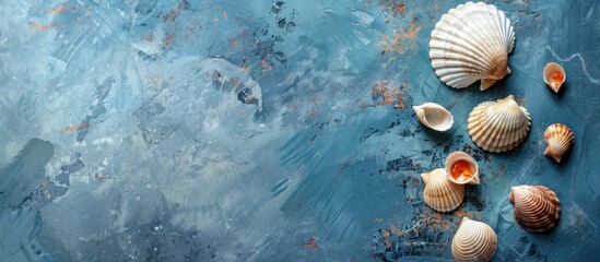 Aufkleber - Abstract top view composition featuring seashells against a textured blue background with copy space image