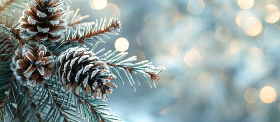 Aufkleber - Close up of a pine branch and cone on a blurry backdrop with copy space image available
