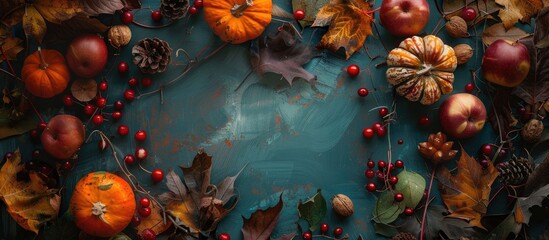 Sticker - Autumn themed still life with seasonal ingredients beautifully arranged in a frame creating a captivating image with copy space