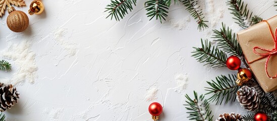 Aufkleber - Christmas decorations a gift box and a white background in a flat lay style with a top view featuring a copy space image