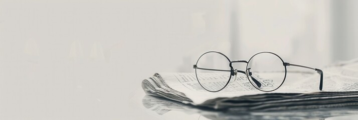 Poster - Round, black-framed glasses sit on a stack of newspapers in soft natural light. Generative AI