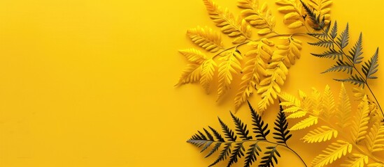 Poster - Autumn fern leaves on yellow backdrop with copy space image viewed from above in a minimalistic horizontal style