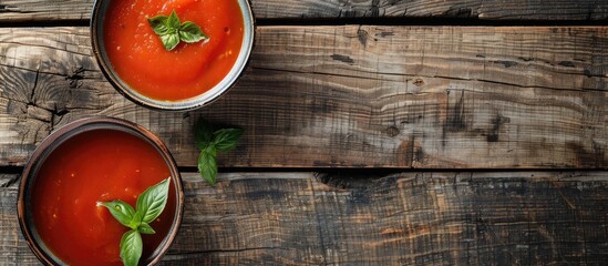 Aufkleber - Close up of tomato soup on a wooden surface with copy space image