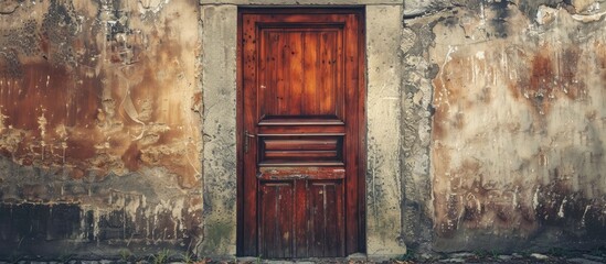 Aufkleber - Brown old wooden door with a textured wall background perfect for copy space image