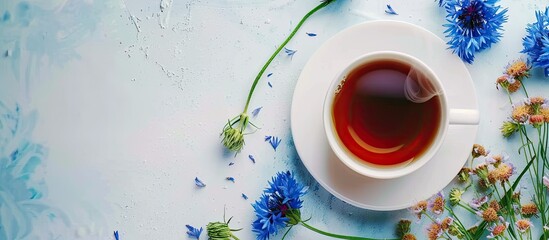 Canvas Print - A flat lay arrangement featuring tea and cornflowers on a bright tabletop with room for text in copy space image