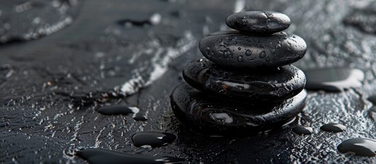 Aufkleber - Black stones in their natural state create an elegant podium on a dark background ideal for displaying a copy space image